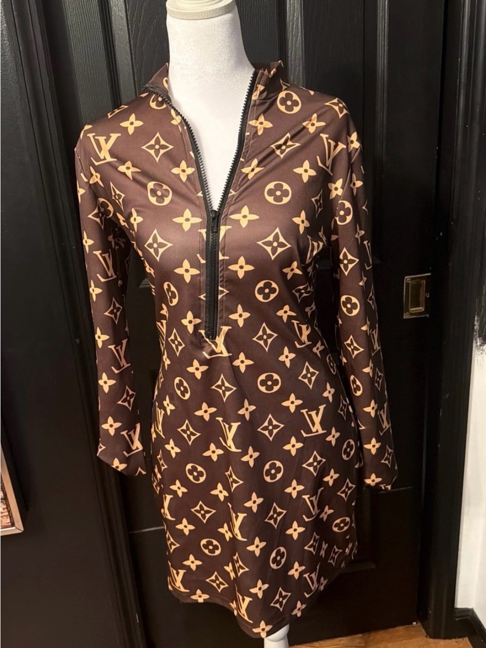 Long-Sleeve Brown Logo-Print Zip Front Dress
